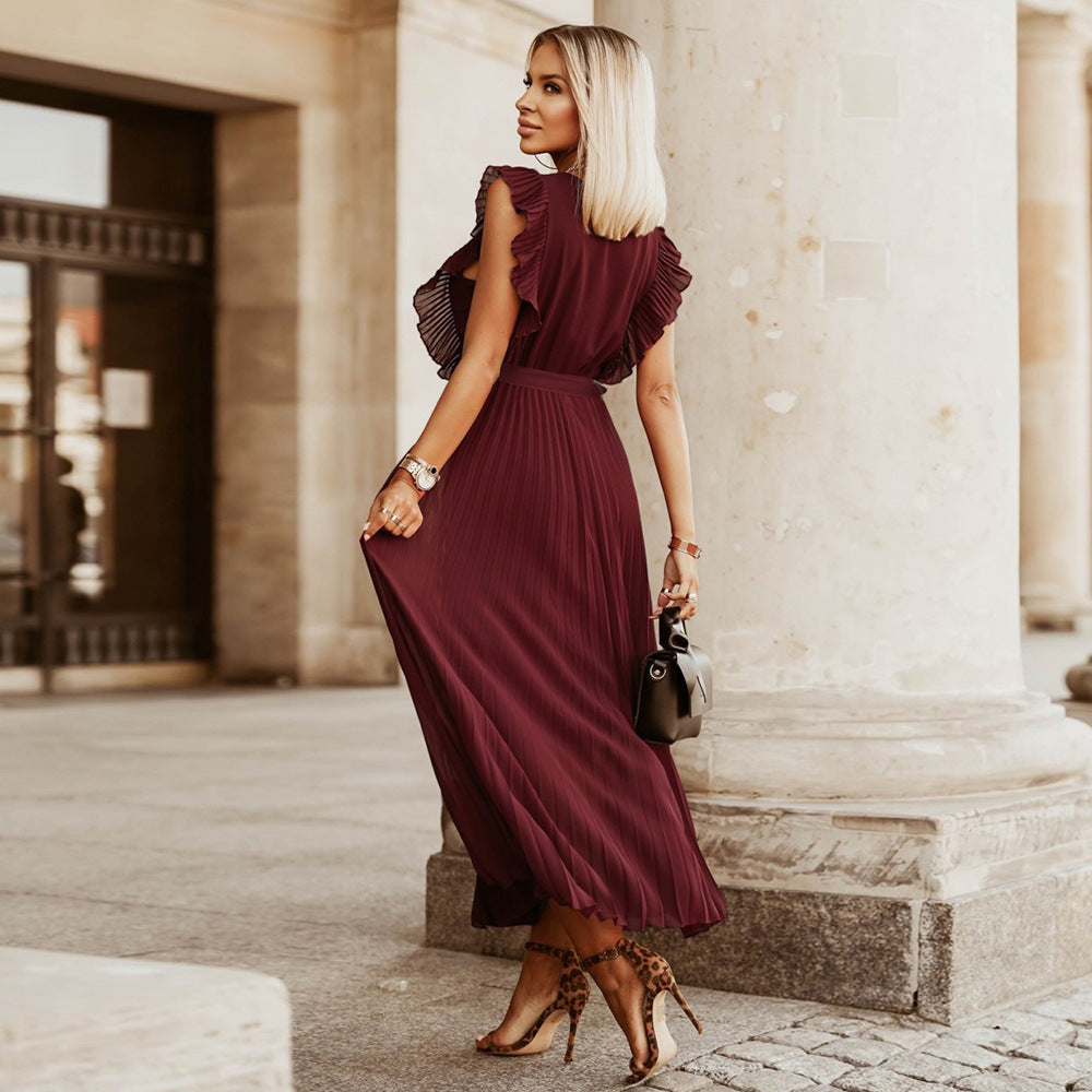 Beach Maxi Dress Fashion Slim Sexy Lotus Sleeve Chiffon Pleated Solid Color Dress Wholesale Womens Clothing N3824110900054