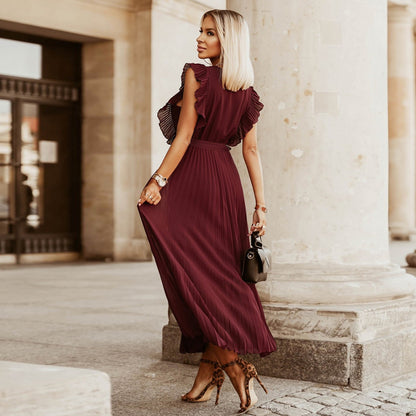 Beach Maxi Dress Fashion Slim Sexy Lotus Sleeve Chiffon Pleated Solid Color Dress Wholesale Womens Clothing N3824110900054