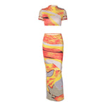 Fashion Colorful Printed Short Sleeve Navel Top and Slim Hip Long Skirt Set Wholesale Women'S 2 Piece Sets