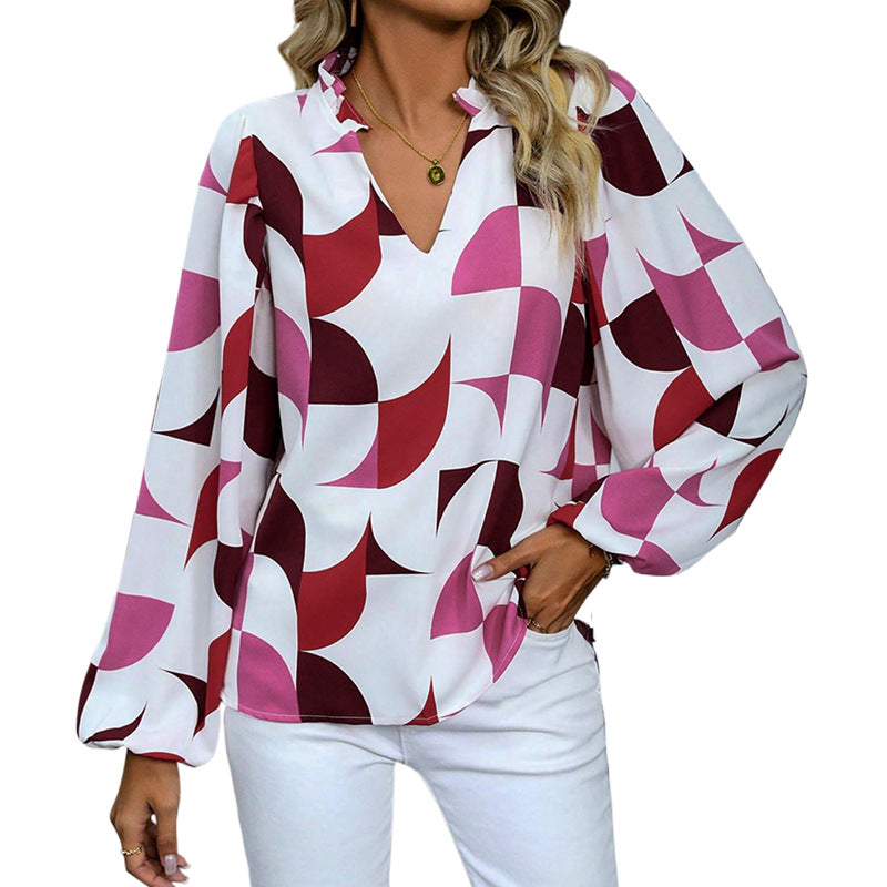 Puff Sleeve Stand Collar Printed Shirts Wholesale Womens Clothing N3824112000026