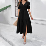 Solid Color Shirred V Neck Short Sleeve Maxi Dresses Wholesale Womens Clothing N3824040100118