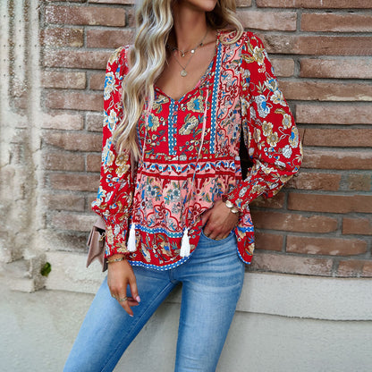 Bohemian Casual Floral Print Long Sleeve Shirt Wholesale Womens Tops