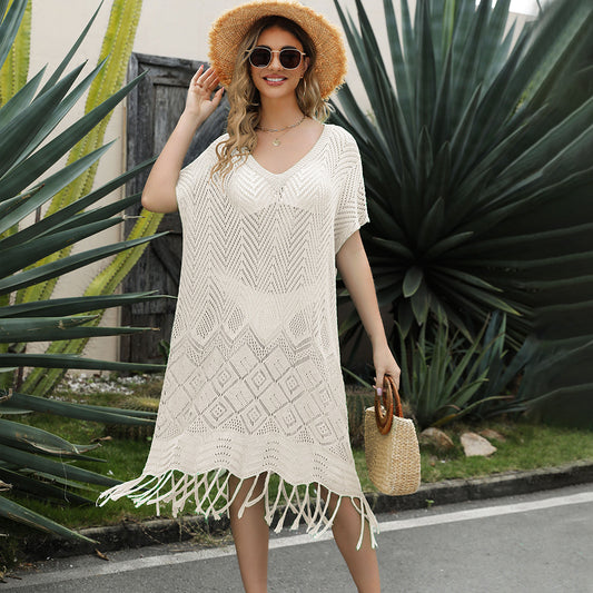 Fashion Solid Color V-Neck Tassel Hollow Knit Dress Wholesale Dresses