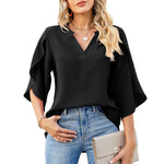 Petal Sleeve V-Neck Chiffon Commuter Solid Color Top Wholesale Women'S Top