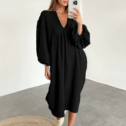 Puff Sleeve V-Neck Crepe Cotton Loose Casual Dresses Wholesale Womens Clothing N3824071000003