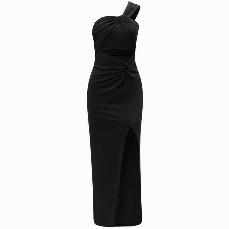 Fashion Solid Color Slant Shoulder Hollow Slit Dresses Wholesale Womens Clothing N3824041600034