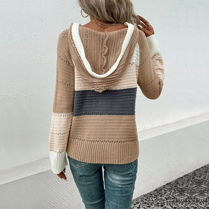 Long Sleeve Colorblock Hooded Knitted Sweater Wholesale Womens Clothing N3824082900020