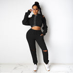 Cut Out Sleeve Lace-Up Sweatshirt & Pants Two Piece Set Wholesale Womens Clothing N3823102000132