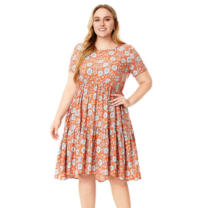 Plus Size Round Neck Short Sleeve Floral Printed Viscose Dresses Wholesale Womens Clothing N3824080300041