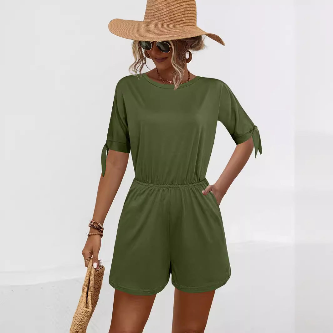 Split Sleeve Solid Color Lace Up Casual Rompers & Jumpsuit Wholesale Womens Clothing N3824050700111