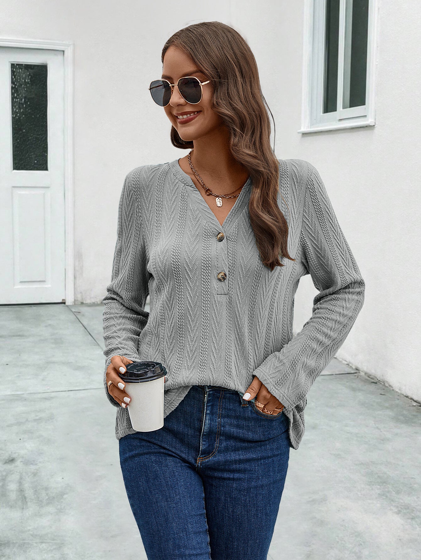 Button-Knit Sweater Long Sleeve Textured Tops Wholesale Womens Clothing N3824062800051