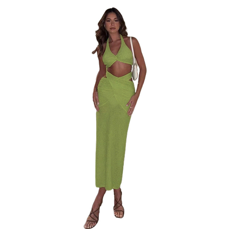 Fashion Solid Color Hanging Neck Backless Vest And Slim Hip Skirt Set Wholesale Women'S 2 Piece Sets