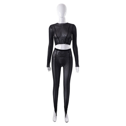 Sexy See-Through Net Gauze Long-Sleeved Top And Slim Pants Set Wholesale Women'S 2 Piece Sets