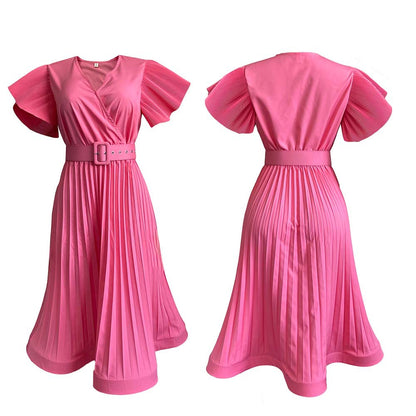 V-Neck Flying Sleeves Pleated Dress Wholesale Womens Clothing N3823112300141