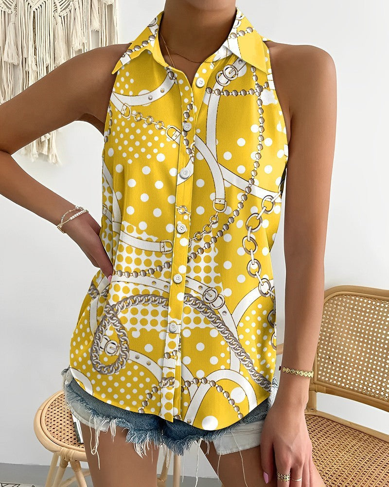 Stylish Strapless Sleeveless Abstract Print Single Breasted Shirt Wholesale Womens Tops