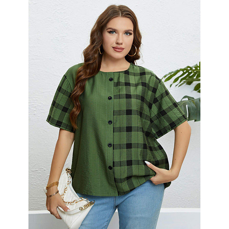 Casual Short-Sleeved Single-Breasted Round Neck Plaid Top Wholesale Plus Size Clothing