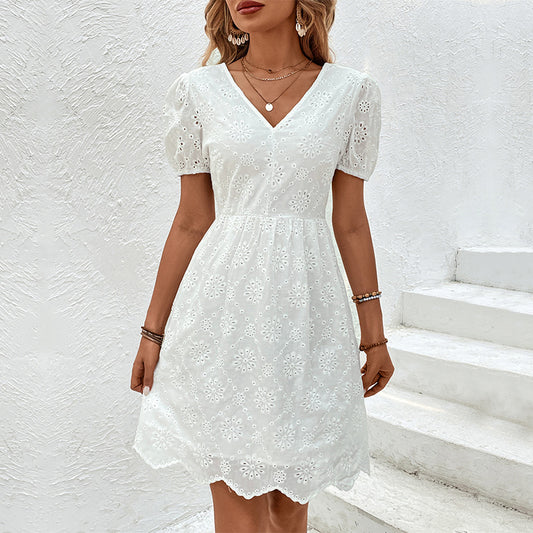 V-Neck Puff Sleeves Backless White Dresses Wholesale Womens Clothing N3824022600064