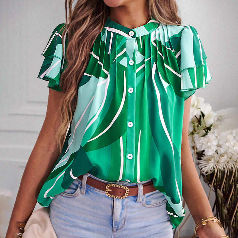 Fashion Short-Sleeved Collision Geometric Pattern Single-Breasted Lapel Shirt Wholesale Womens Tops