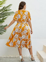 Casual Short-Sleeved Flower Print V-Neck Waist-Skimming Dress Wholesale Plus Size Clothing