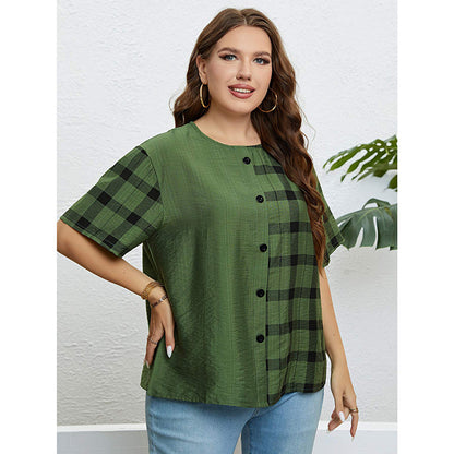 Casual Short-Sleeved Single-Breasted Round Neck Plaid Top Wholesale Plus Size Clothing