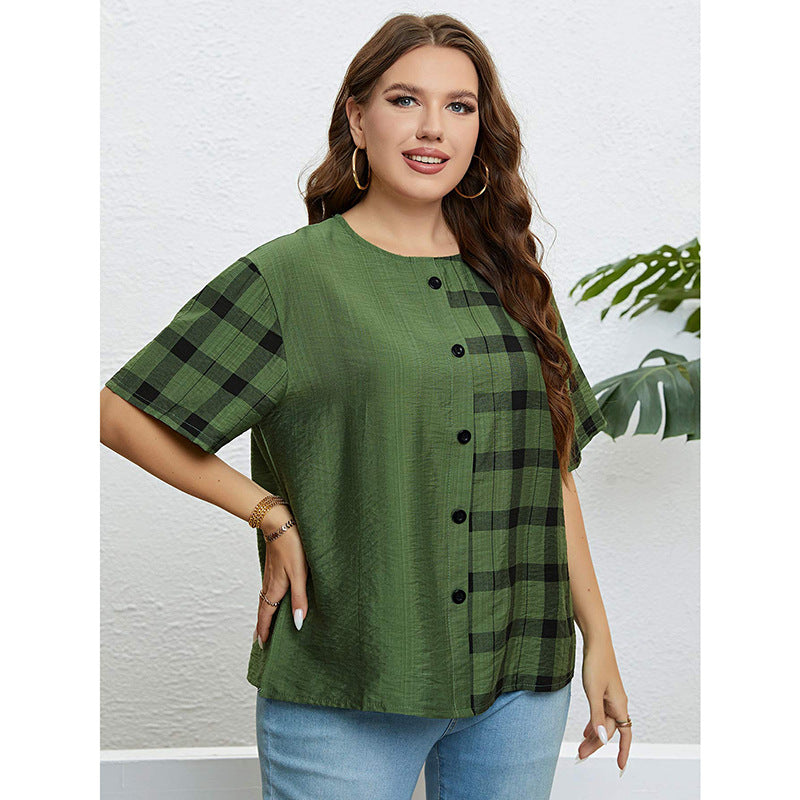 Casual Short-Sleeved Single-Breasted Round Neck Plaid Top Wholesale Plus Size Clothing