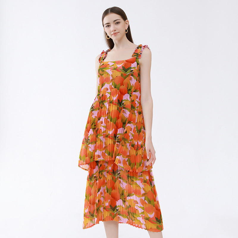 Fashion Flower Print Multi Layered Pleated Camisole Dress Wholesale Dresses