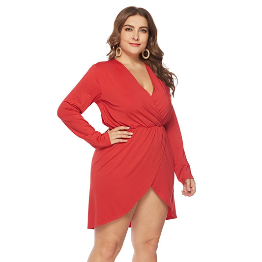 Plus Size Long Sleeve V-Neck Slit Tunic Dresses Wholesale Womens Clothing N3824080300026