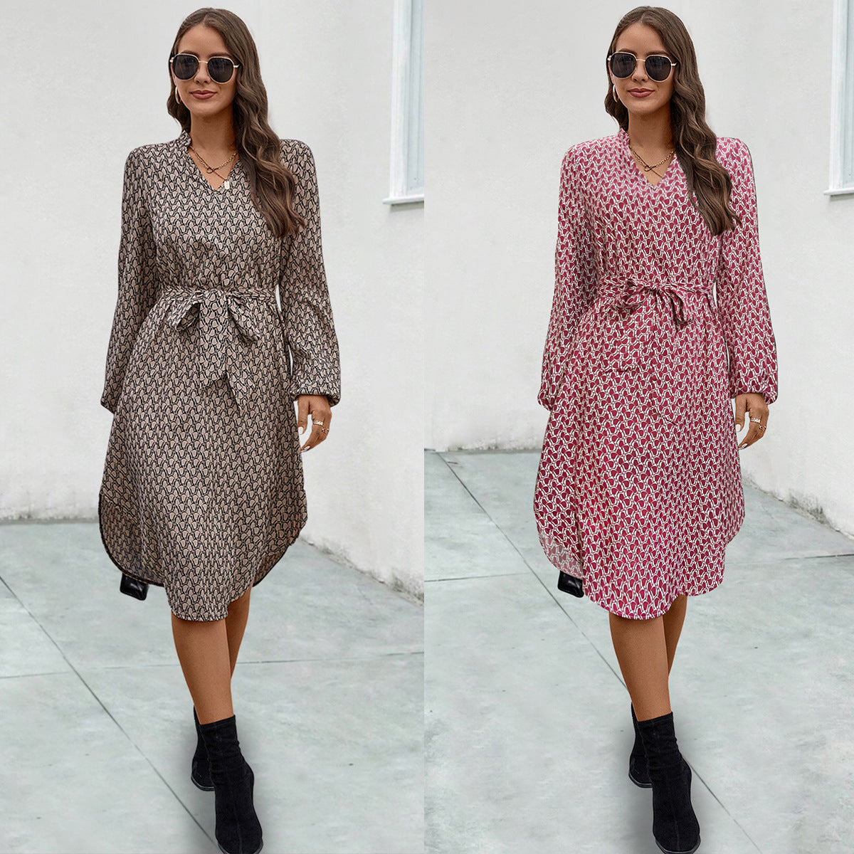 Spring Fall Long Sleeve Belted Midi Dresses Wholesale Womens Clothing N3824062800054