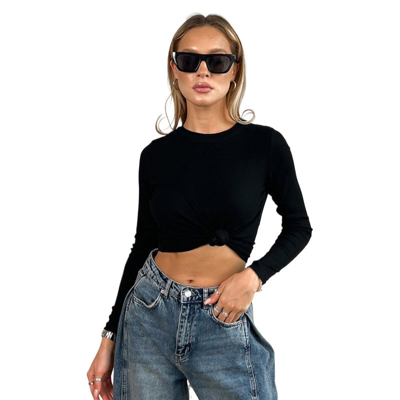 Solid Color Pit Stripe Round Neck Long Sleeve Slim Tops Wholesale Womens Clothing N3824072000253