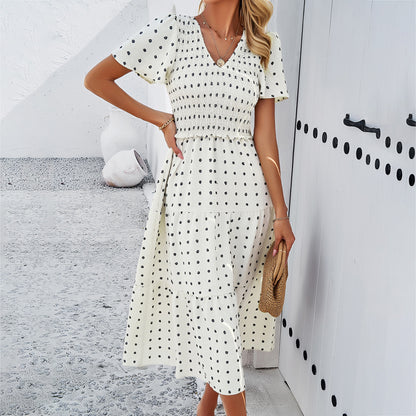 Women's Polka Dot V Neck Short Sleeve Dresses Wholesale Womens Clothing N3823122900120