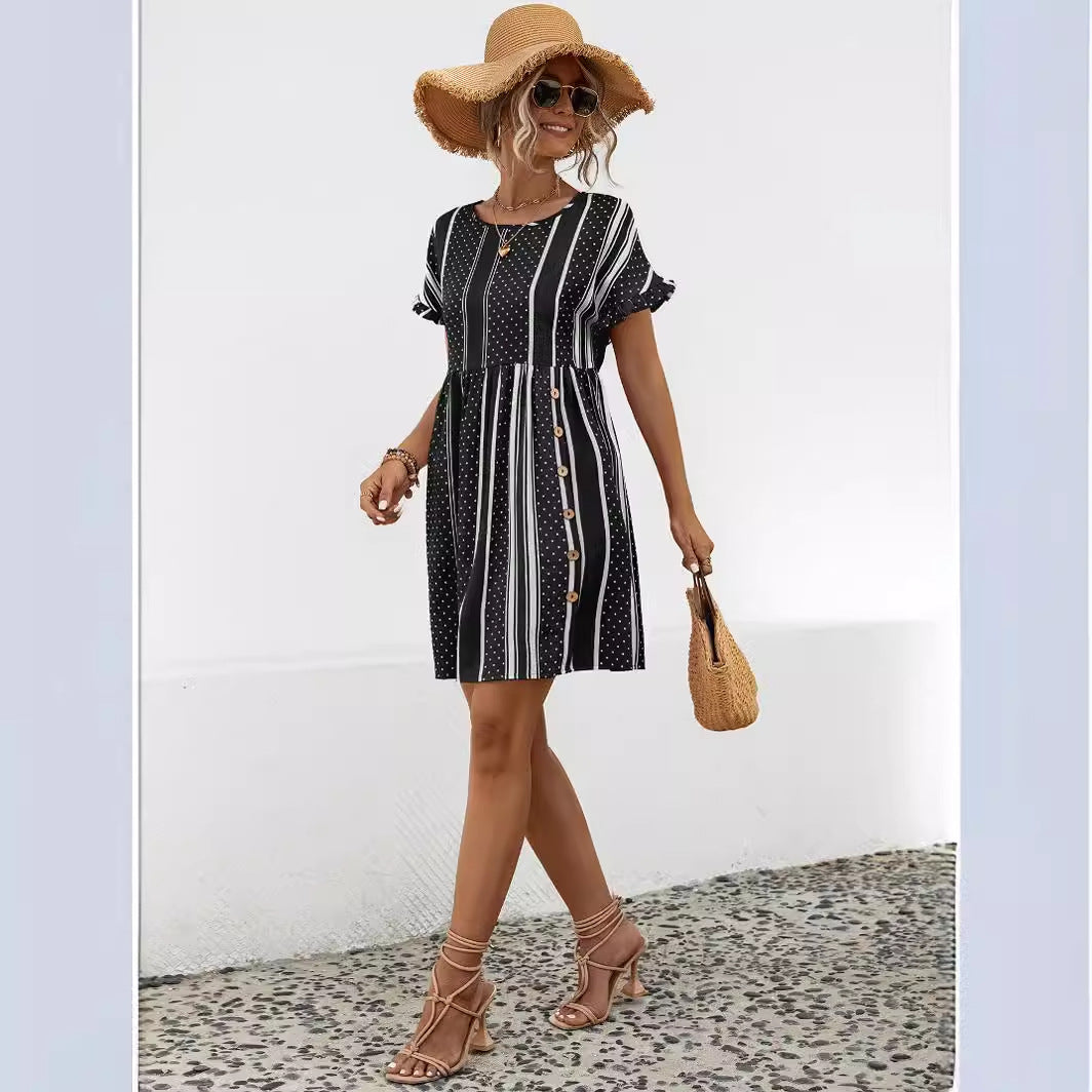 Striped Ruffle Sleeve Round Neck Dresses Wholesale Womens Clothing N3824042900056