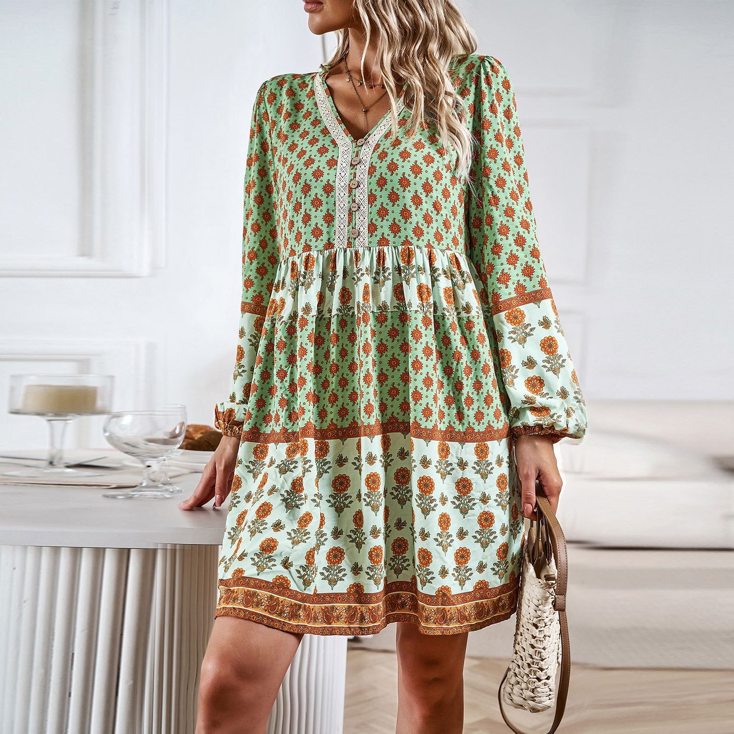 Bohemian Print Long Sleeve V-Neck A-Line Dress Wholesale Dresses