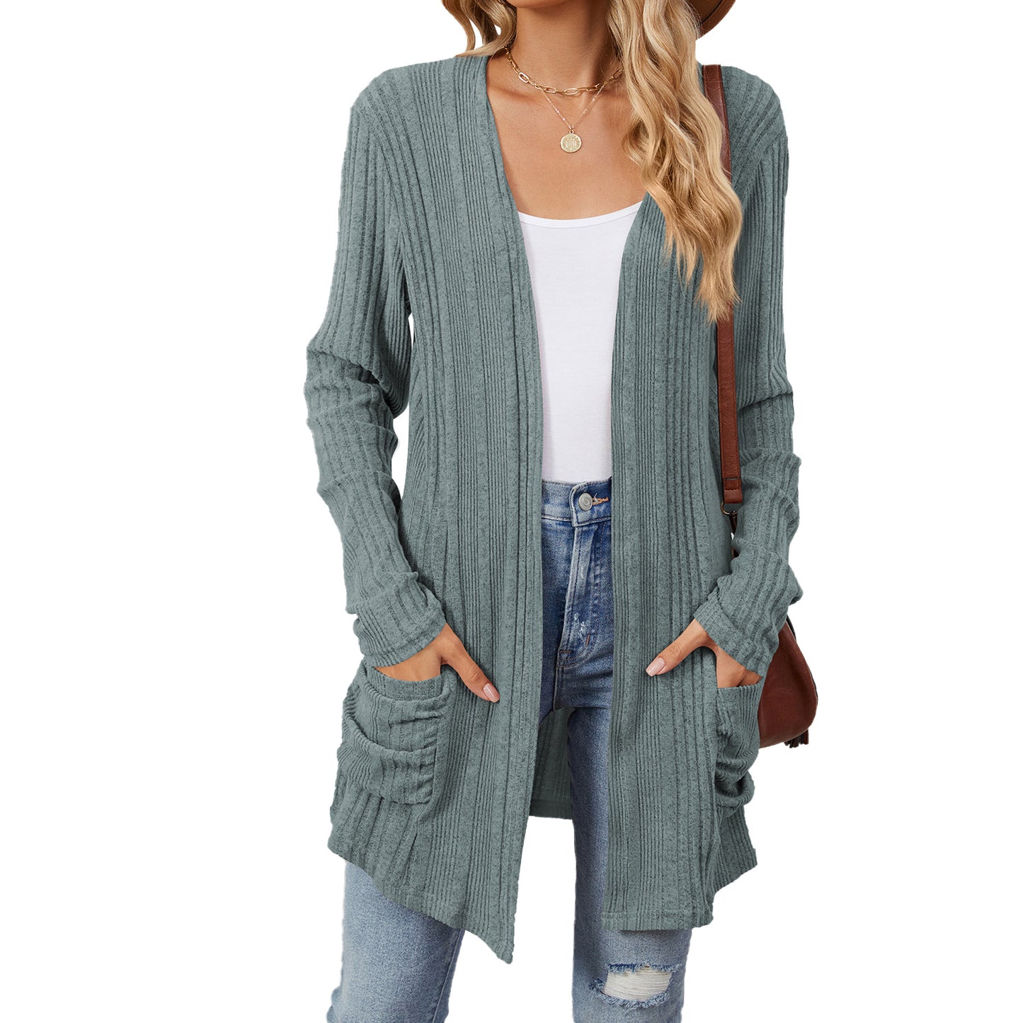 Solid Color Striped Brushed Pocket Cardigan Long Sleeve Sweater Wholesale Womens Clothing N3824072900052