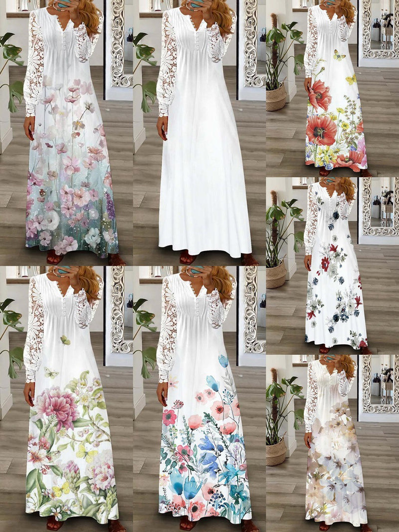 Flower Print V-Neck Sexy Patchwork Single-Breasted Swing Dress Wholesale Dresses