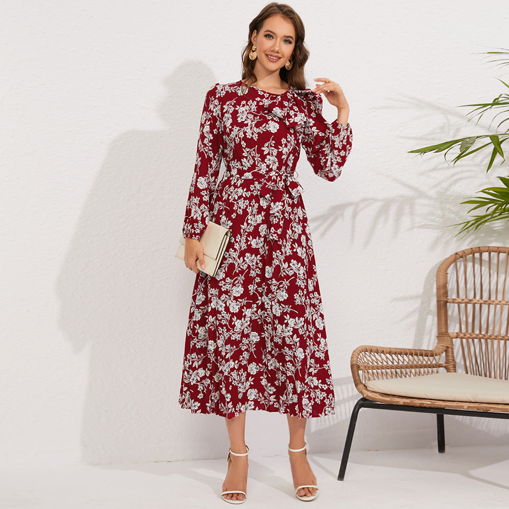 Mid-Length Pleated Long-Sleeved Floral Retro Bow Dress Wholesale Womens Clothing N3824062100031