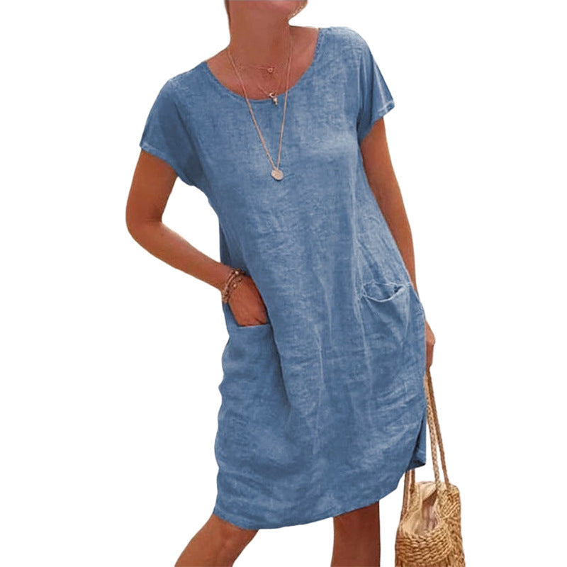 Casual Solid Color Casual Pocket Cotton Linen Dress Wholesale Womens Clothing N3823072600068