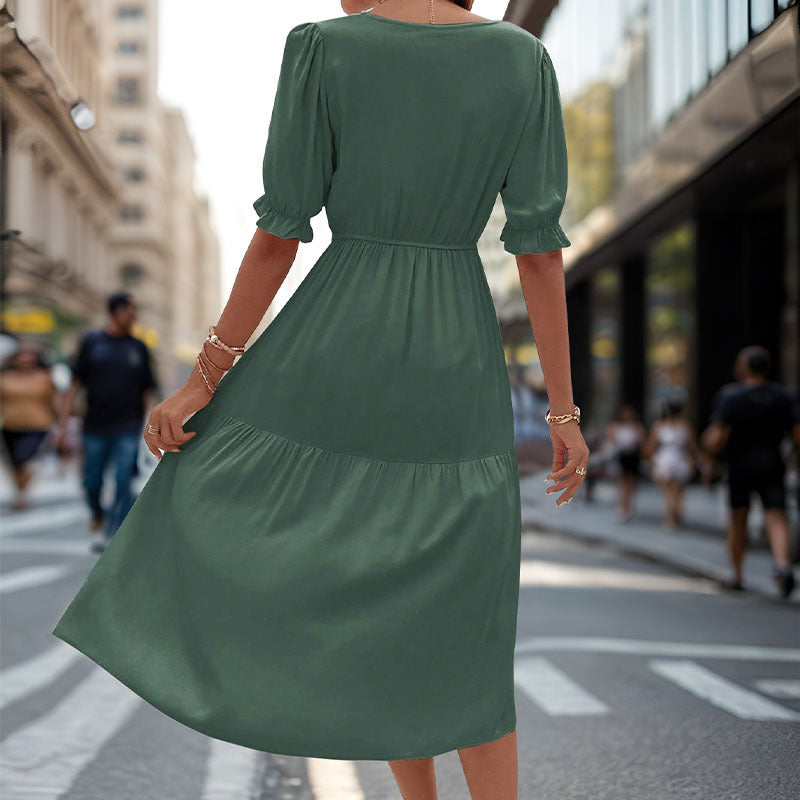 Waisted V-Neck Solid Color Midi Dresses Wholesale Womens Clothing N3824062800037