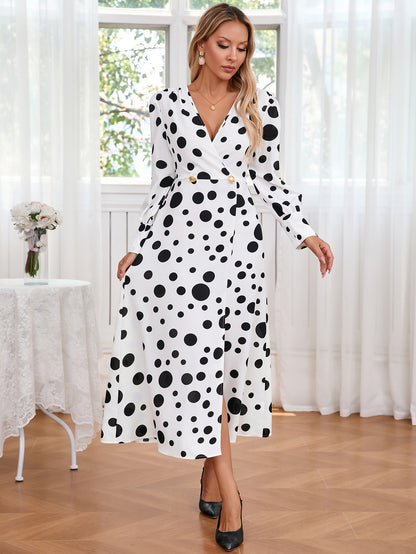 Elegant Slim Temperament Spot Print V-Neck Slit Dress Wholesale Womens Clothing N3824091200185