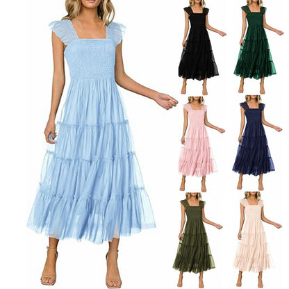 Mesh Patchwork Smocked Fly Sleeve Dresses Wholesale Womens Clothing N3824070900013