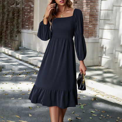 Casual Solid Color Square Neck Long Sleeve Long Dress Wholesale Dresses