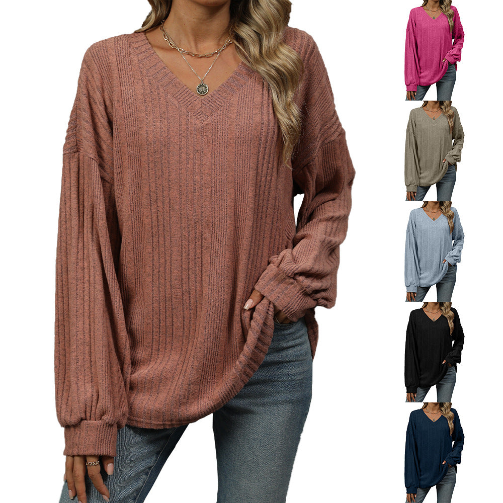 Solid Color V-Neck Loose Long Sleeve Knitted Sweater Wholesale Womens Clothing N3824091200015