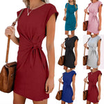 Solid Color Knot Casual Round Neck Short Sleeve Dresses Wholesale Womens Clothing N3824052000008