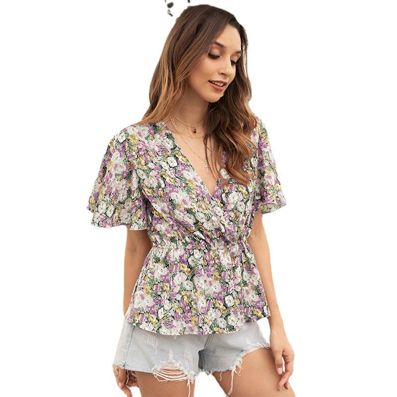 Fashion V-Neck Ruffle Sleeve Floral Waist Shirt Wholesale Womens Tops