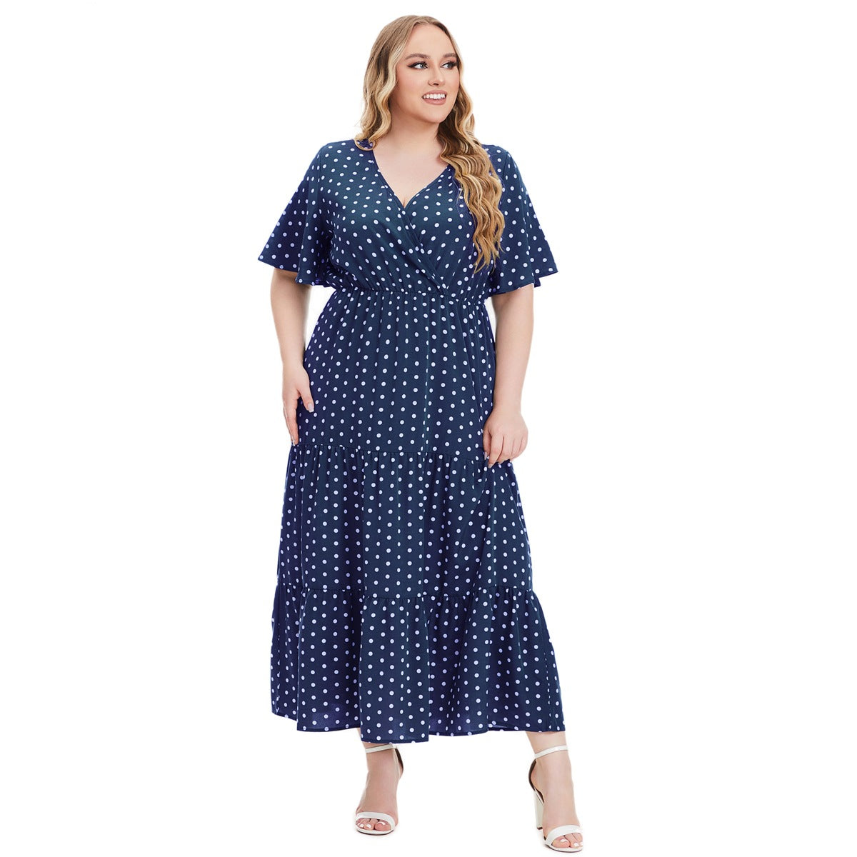 Plus Size V-neck Polka Dot Short Sleeve Dresses Wholesale Womens Clothing N3824080300037