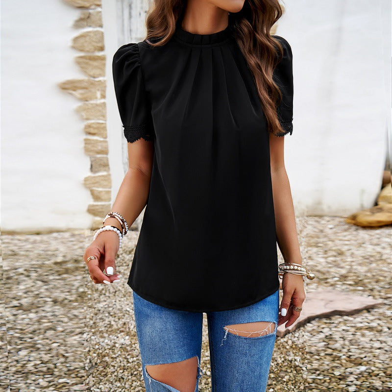Pleated Collar Casual Solid Color Short Sleeve Tops Wholesale Womens Clothing N3824022600041
