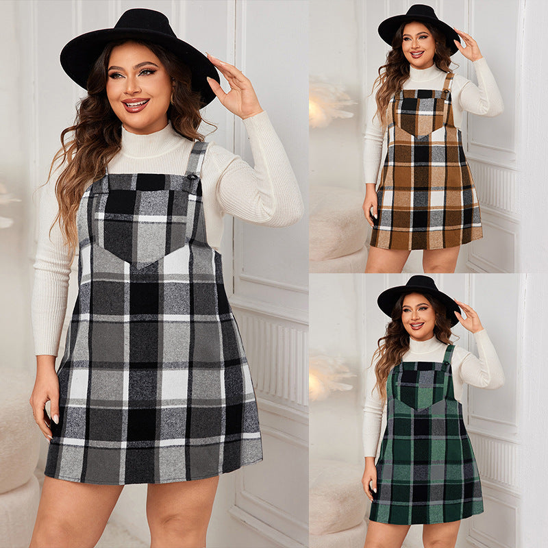 Plaid Plus Size Loose Suspender Dresses Wholesale Womens Clothing N3824091200162