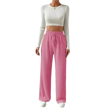 Textured Knit Wide Leg Pants High Waist Solid Color Straight Pants Wholesale Womens Clothing N3824080900024