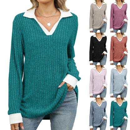 Contrast Color Lapel Long Sleeve Loose Sweaters Tops Wholesale Womens Clothing N3824072900053