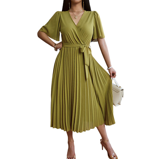 Trumpet Sleeve Solid Color Pleated V-Neck Dress Wholesale Dresses