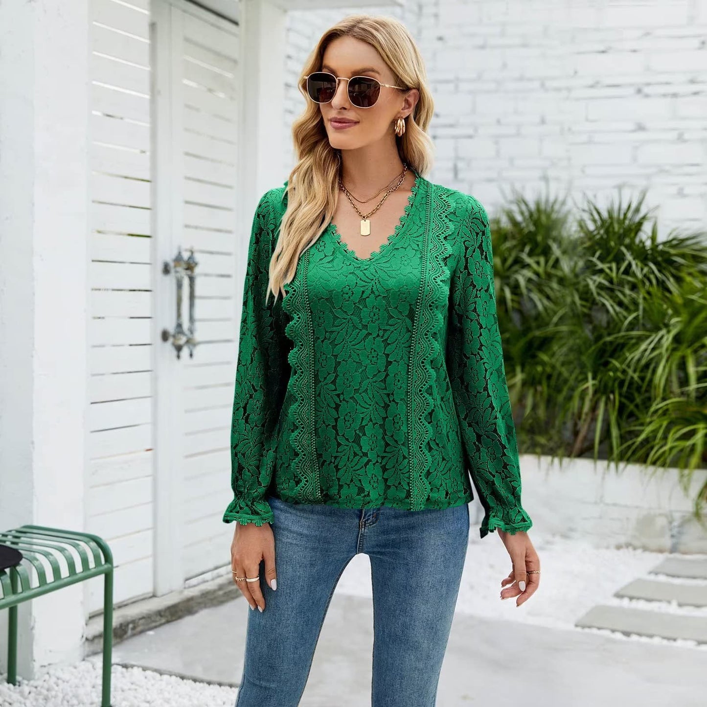 Slim Fit Solid Color Hollow Long Sleeve Lace Top Wholesale Women'S Top